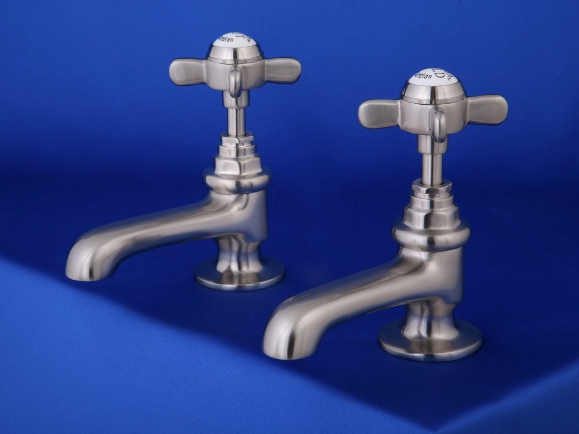 Pair Of Traditional Solid Brass Satin Nickel Plated Low Pressure Cross Head Bath Taps